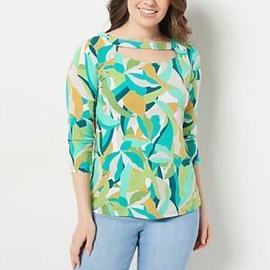 Susan Graver Printed Liquid Knit Cutout Detail 3/4 Sleeve Top